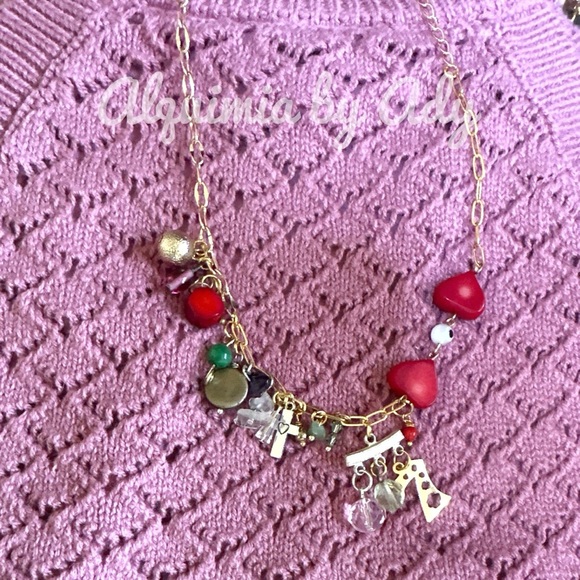 Coral hearts /adjustable charms multi stone necklace /